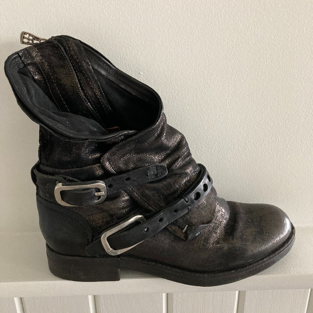 A.S.98  New Leather Boots, metallic black, in size 38